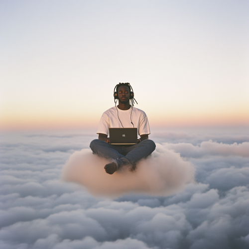 Young Man Enjoys Music in Dreamy Sky Setting Young Man Enjoys Music in Dreamy Sky Setting