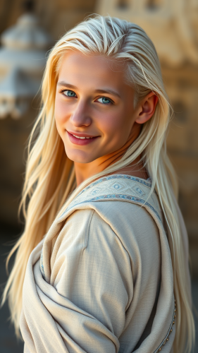 Young Man with Platinum Hair in Ethereal Whites