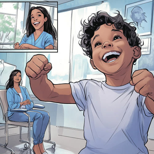 Young boy happily shows off muscles, mom looks concerned. Young boy happily shows off muscles, mom looks concerned.