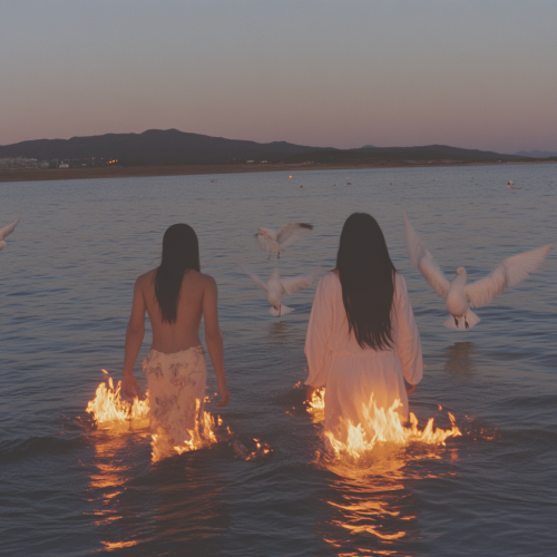 Young couple walks into burning sea, surrounded by birds.