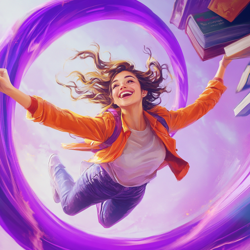 Young fashionable girl flying on purple loop joyfully surrounded by fantasy books