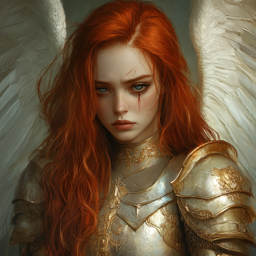 Young female archangel general with white wings in armor.