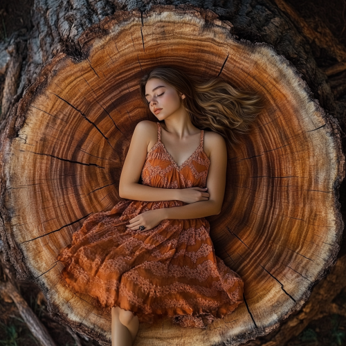 Young female in sundress lays on redwood tree stump.