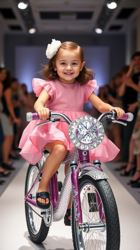 Young girl on diamond-studded bike in fashion show.