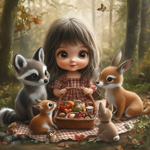 Young girl with friends, picnic in forest.