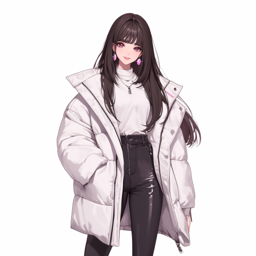 Young k-pop anime girl with black hair, smile, burgundy eyes, wearing white and grey outfit.