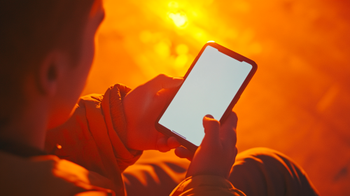 Young man holding phone, top view, mockup screen.