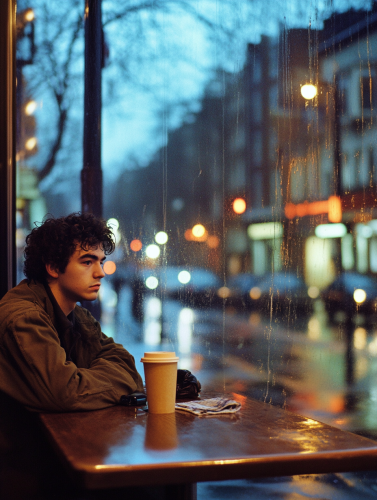 Young man in Seattle café, watching rain, deep in thought