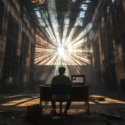 Young man sits at desk in abandoned grain facility.