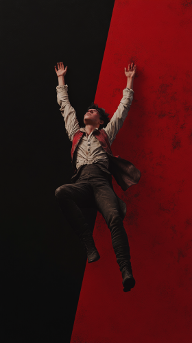 Young man suspended between red and black backgrounds.