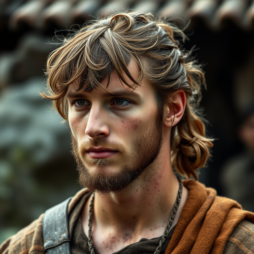 Young medieval man with brown hair ponytail.