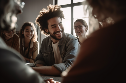 Young office workers laughing at laptop screen