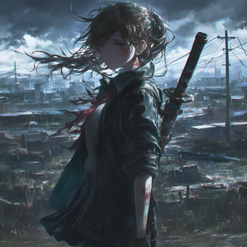 Young schoolgirl in post-apocalyptic wasteland, torn uniform, weapon.