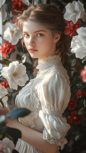 Young woman in Paris with white camellias. Luxury dress.