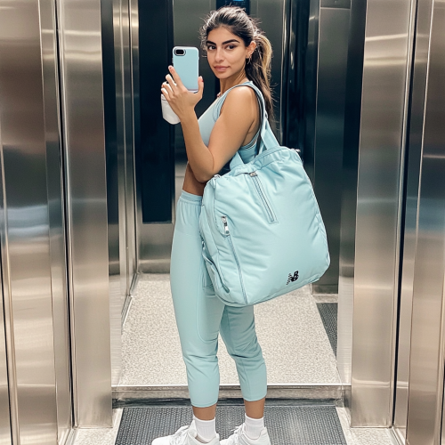 Young woman in yoga gear takes elevator selfie.