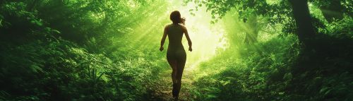 Young woman runs through lush forest in photo.