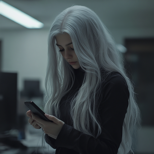 Young woman with long white hair, dressed in black.