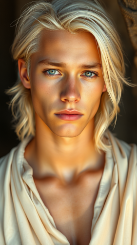 Youthful Man in Radiant Golden-White Attire