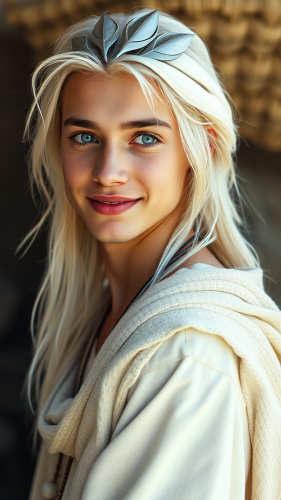 Youthful Man with Platinum Hair in Peaceful Attire