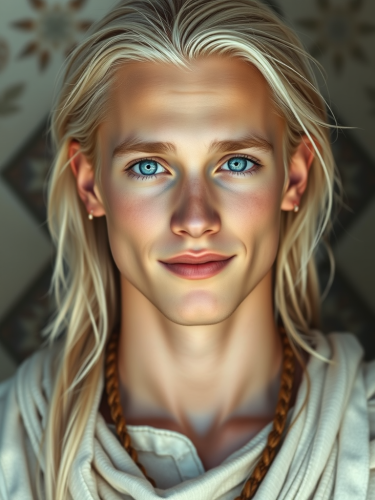 Youthful Man with Tribal Aura in White Attire