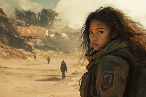 Zendaya in post-apocalyptic town, people walking, realistic concept