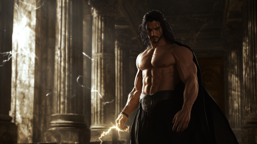 Zeus Emitting Lightning Power in Shadowy Marble Hall