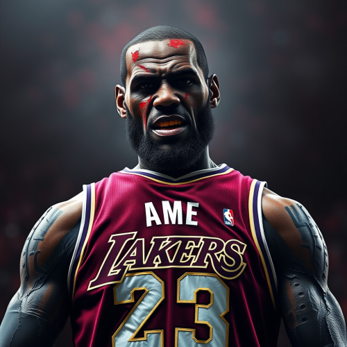 Zombie LeBron James in Lakers Jersey on Dark Background