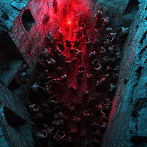 Zombies Climb Earth Walls in Red and Blue Light.
