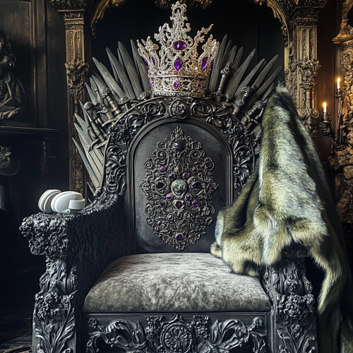 Zoomed throne chair with grey coat and King's crown.