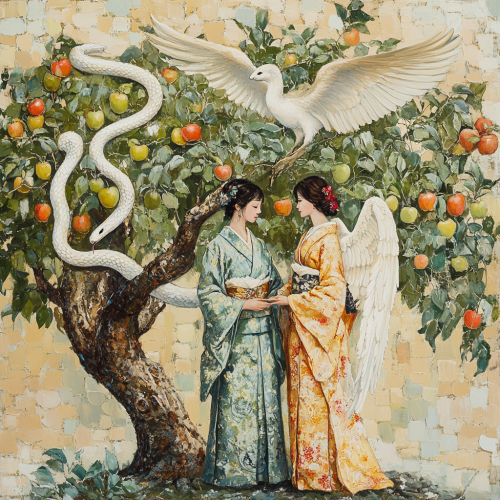 a Loving Couple under Apple Tree with Angel