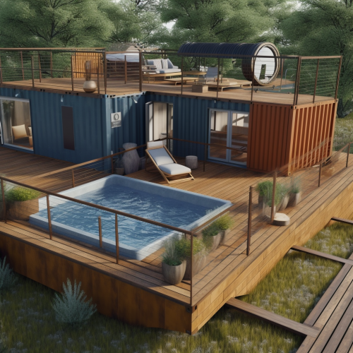 Shipping container A frame house with deck and hot tub