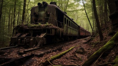 Abandoned logging train in the mysterious woods