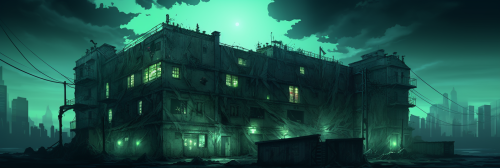 Spooky abandoned building in seagreen fog Spooky abandoned building in seagreen fog