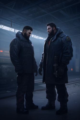 Two men conversing in a cyberpunk fantasy marketplace