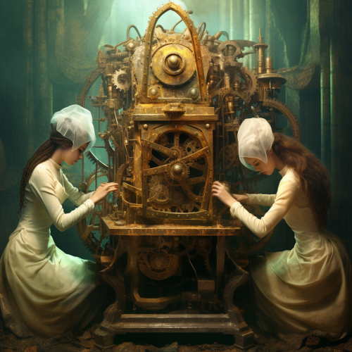 Three females operating mysterious ancient machine