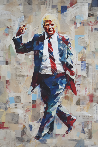 Abstract torn paper collage with Donald Trump dancing at US Capitol Abstract torn paper collage with Donald Trump dancing at US Capitol