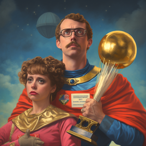 Absurd amateur astronauts holding golden trophy in colorful gear