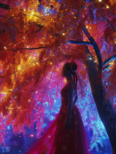 Beautiful woman under surrealistic acer palmatum tree