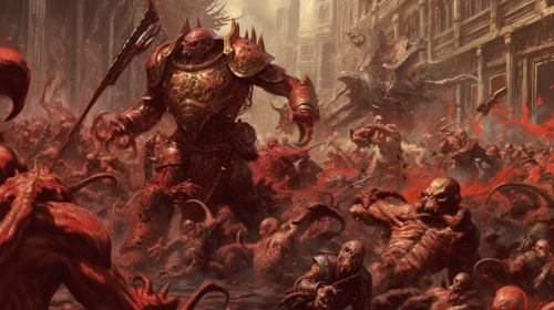 Adeptus Custodes fighting Bloodletters in detail Adeptus Custodes fighting Bloodletters in detail
