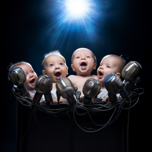 Cute babies emerging from microphone