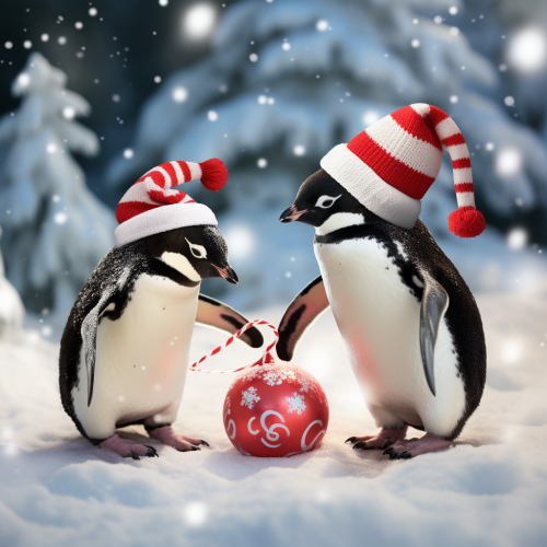 Cute penguins in Santa hats playing in the snow