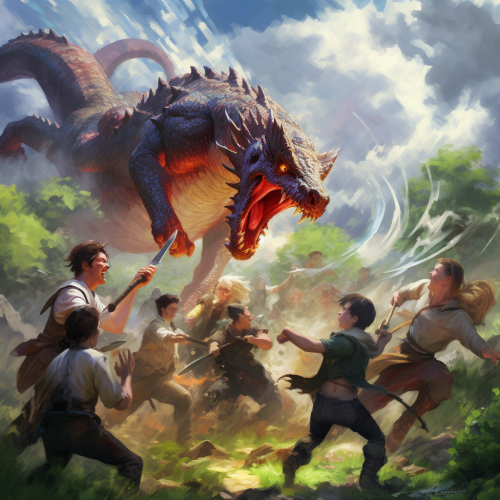 Adventure party battles five-headed dragon artwork