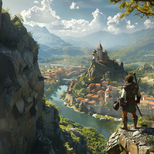 Adventurer on cliff overlooking castle