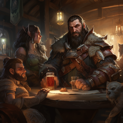 Group of adventurers enjoying drinks in a tavern Group of adventurers enjoying drinks in a tavern