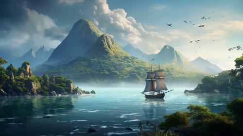 Travellers sailing across uncharted waters with mountains in distance