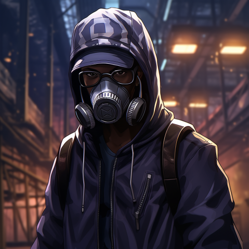 Anime character with Yankees cap, gas mask, hoodie