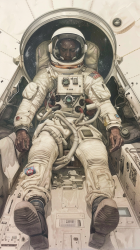 African American astronaut crying in spaceship