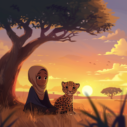 African girl leopard acacia sunset