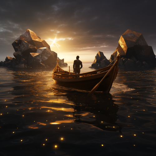 African man rowing boat towards giant diamond on island