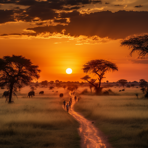 Wildlife walking against African sunset